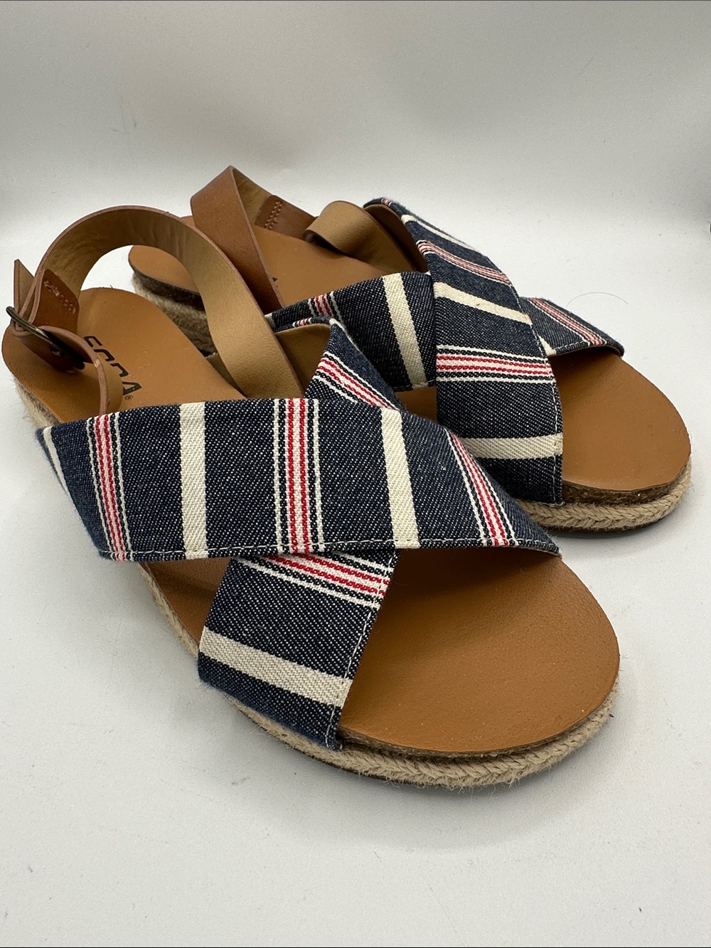 Soda denim striped Tenant criss-cross espadrille buckle sandals, size 7.5